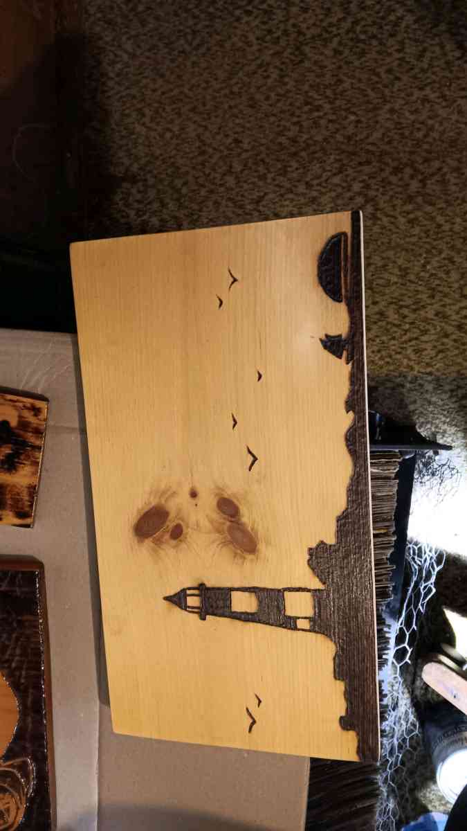 Lighthouse scene pyrography - Bucksport, Maine