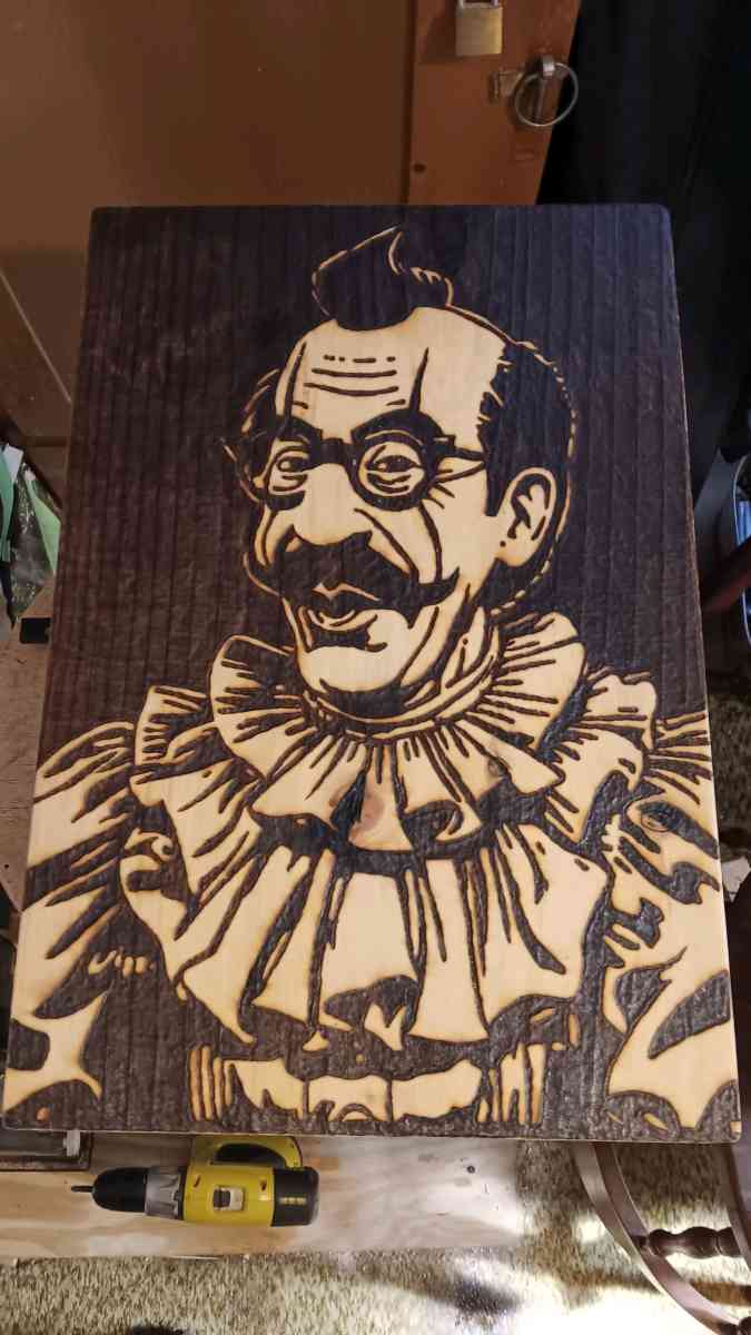 Groucho the Clown pyrography - Bucksport, Maine
