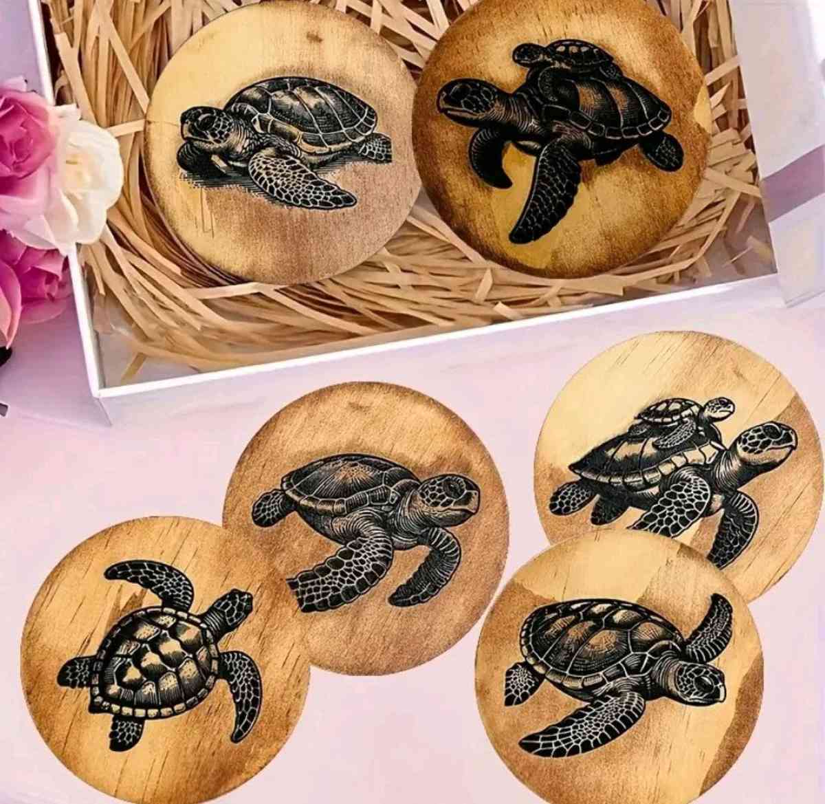 Set of 6 Wood Turtle Coasters