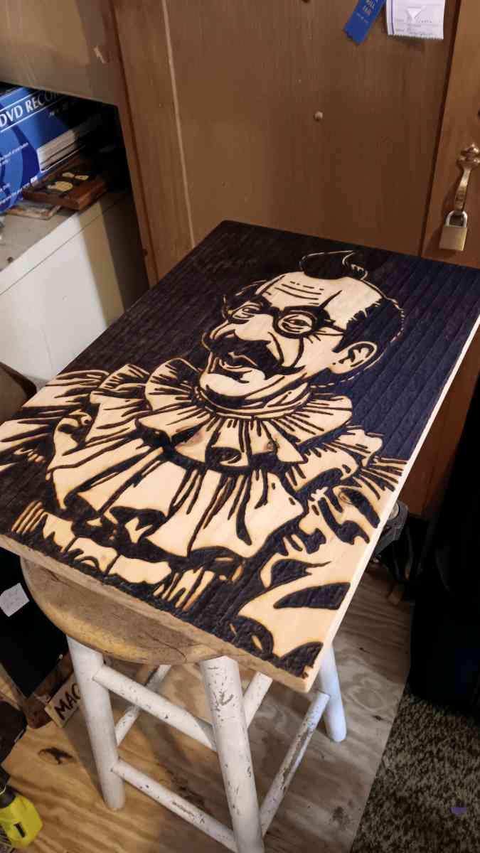 Groucho the Clown pyrography - Bucksport, Maine - FleaMarketBay