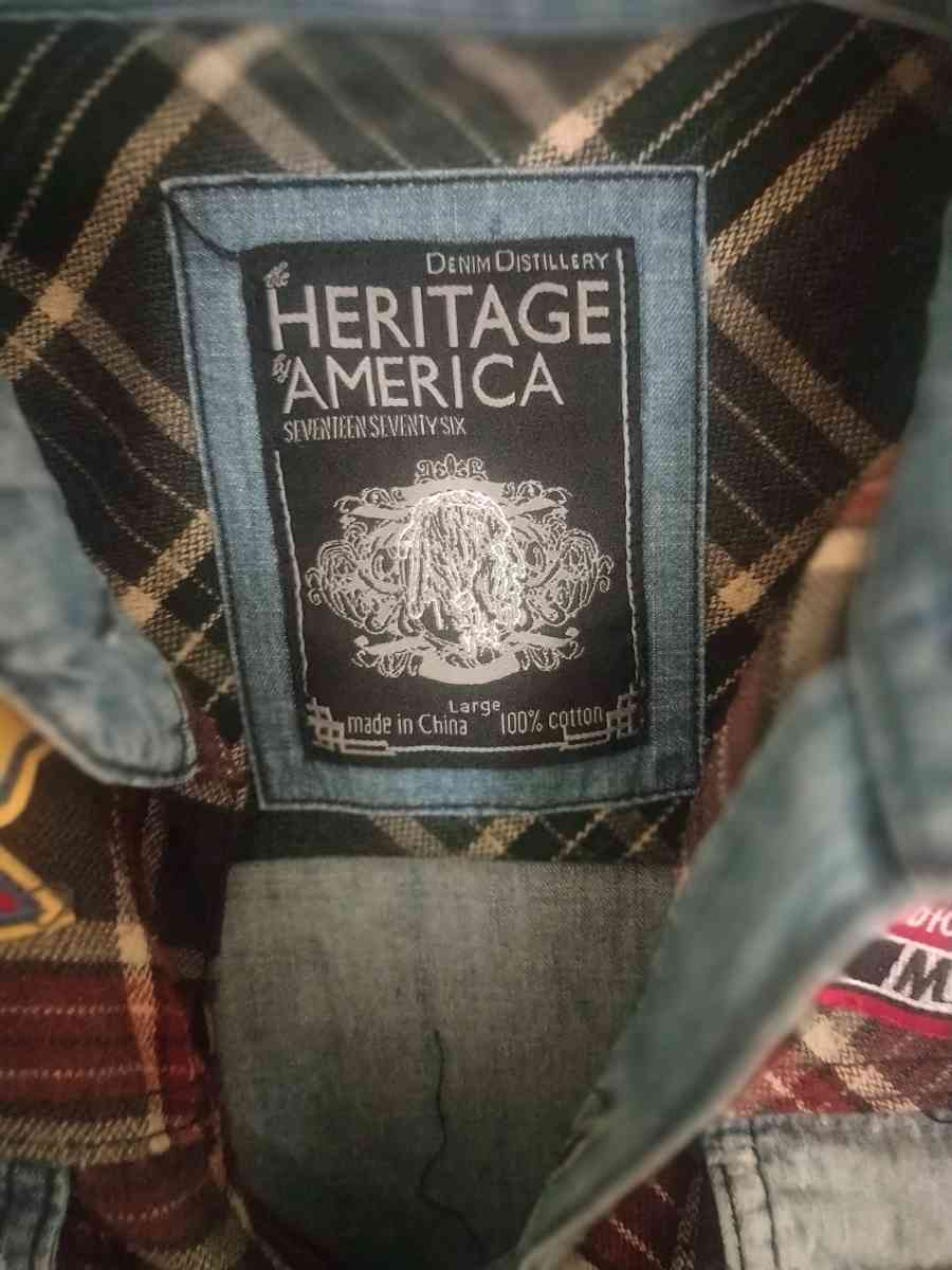 Heritage America L Distressed Denim Flannel Jacket Gas  Oil - Abington, Pennsylvania - FleaMarketBay