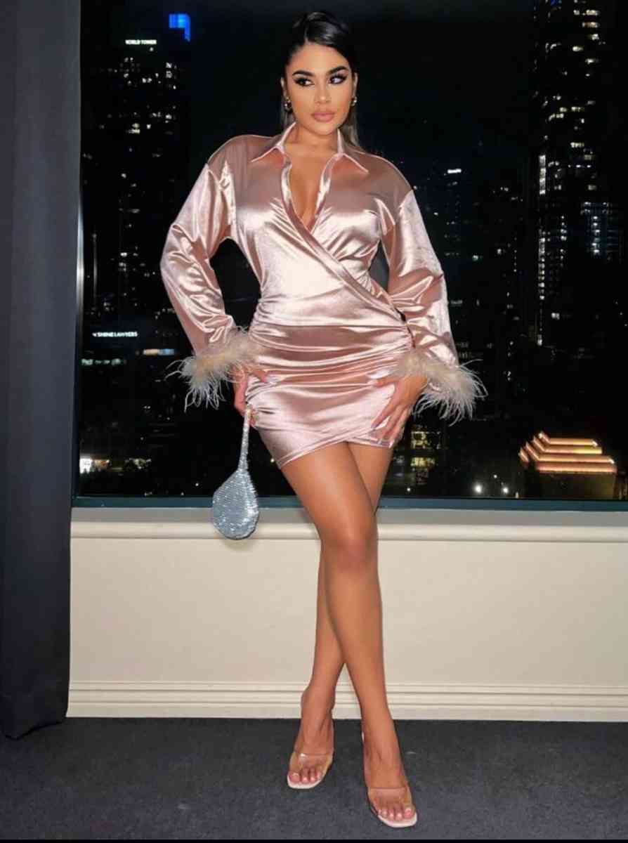 Fuzzy CuffRuched Wrap Hem Satin BodyconDress - Trenton, New Jersey - FleaMarketBay