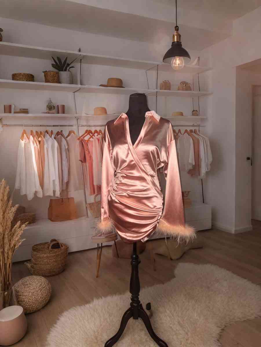 Fuzzy CuffRuched Wrap Hem Satin BodyconDress - Trenton, New Jersey - FleaMarketBay