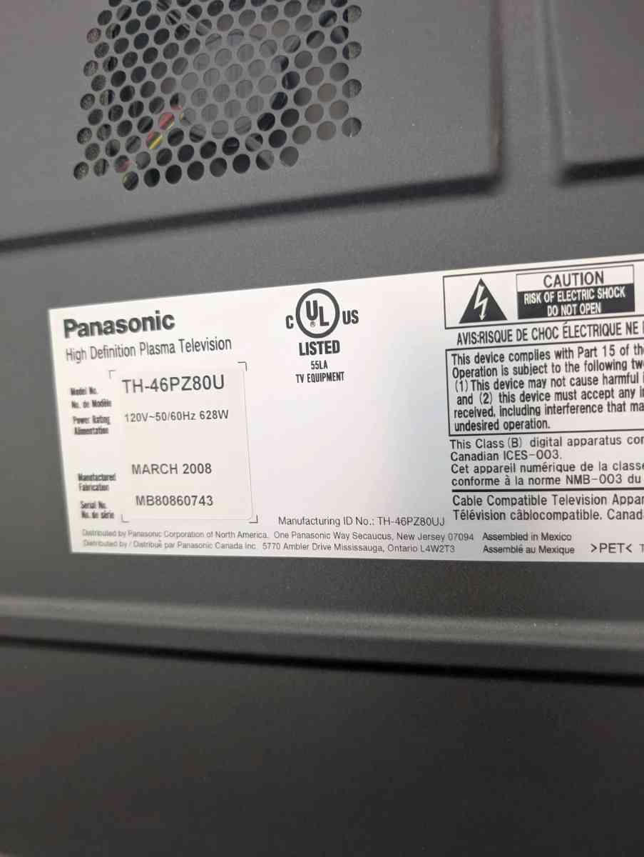 Panasonic 46 Inch High Definition Plasma TV - Albuquerque, New Mexico - FleaMarketBay