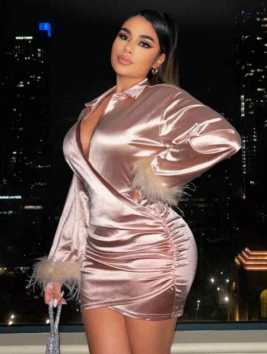 Fuzzy CuffRuched Wrap Hem Satin BodyconDress