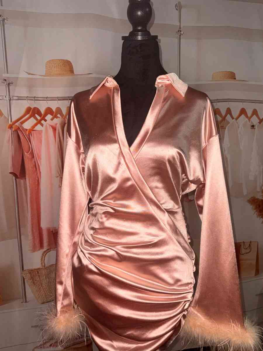 Fuzzy CuffRuched Wrap Hem Satin BodyconDress - Trenton, New Jersey - FleaMarketBay