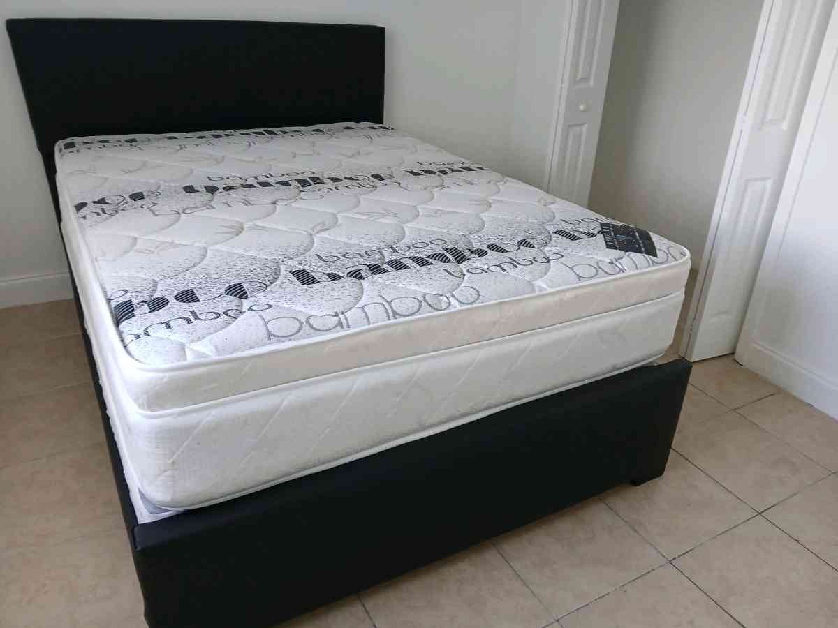 Queen bed frame with Mattress and boxspring brand new - Dania, Florida - FleaMarketBay