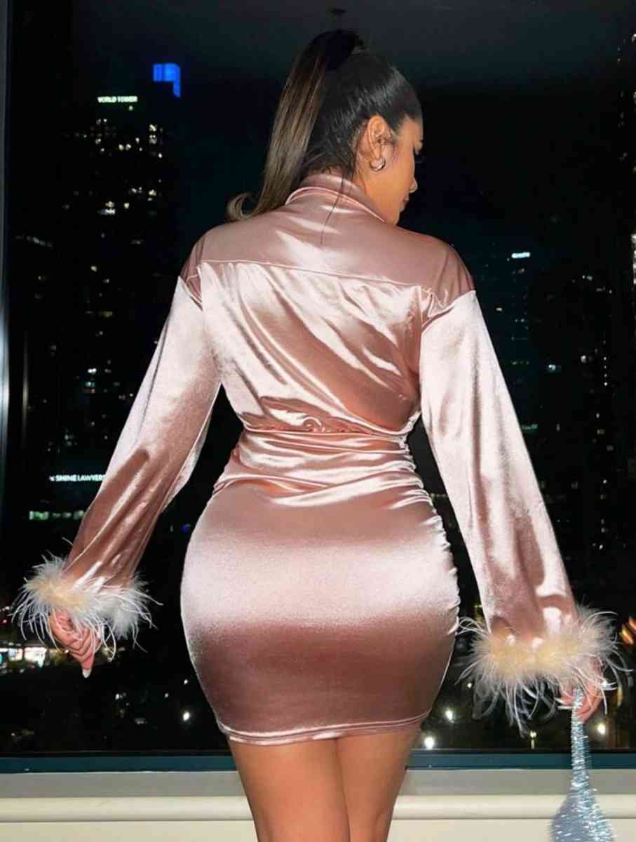 Fuzzy CuffRuched Wrap Hem Satin BodyconDress - Trenton, New Jersey - FleaMarketBay