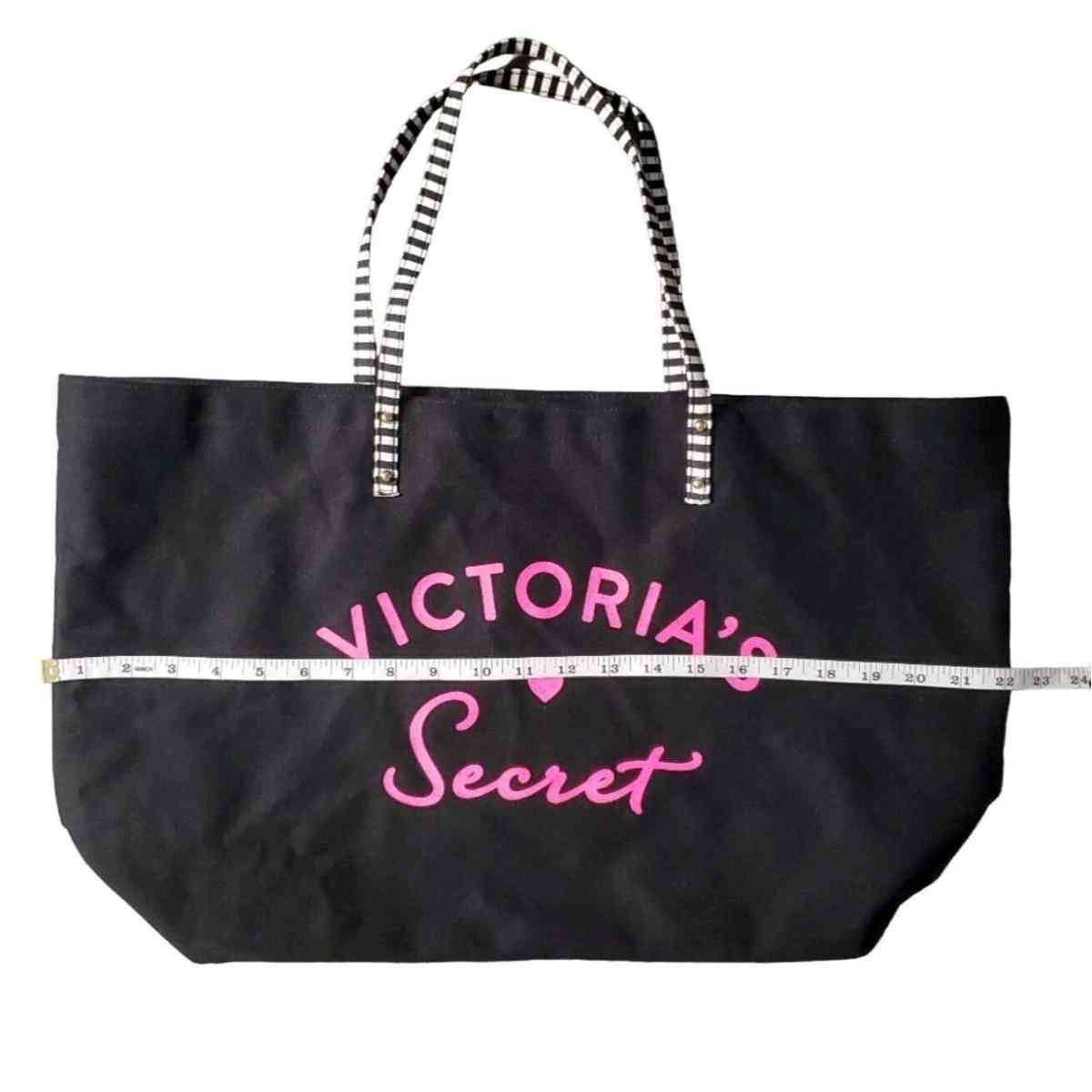 Victorias Secret Black Canvas Tote Bag With Striped Handles - Columbus, Ohio - FleaMarketBay