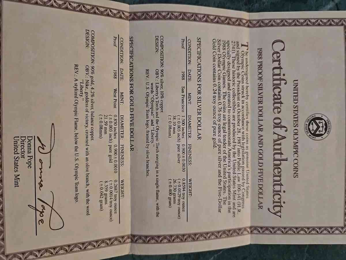 1988 Olympic Coin Set Silver and Gold Mint COA Included - South Weymouth, Massachusetts - FleaMarketBay