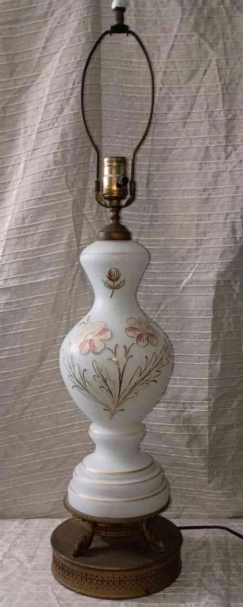 Vintage Bristol Glass Table Lamp White Glass Painted Flowers - Port Richey, Florida - FleaMarketBay