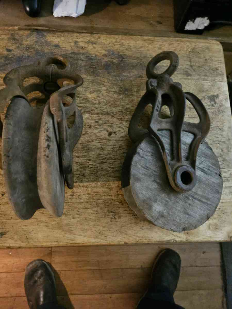 2 old wooden pulleys with metal frames 10 dollars for both - Elwood, Indiana - FleaMarketBay