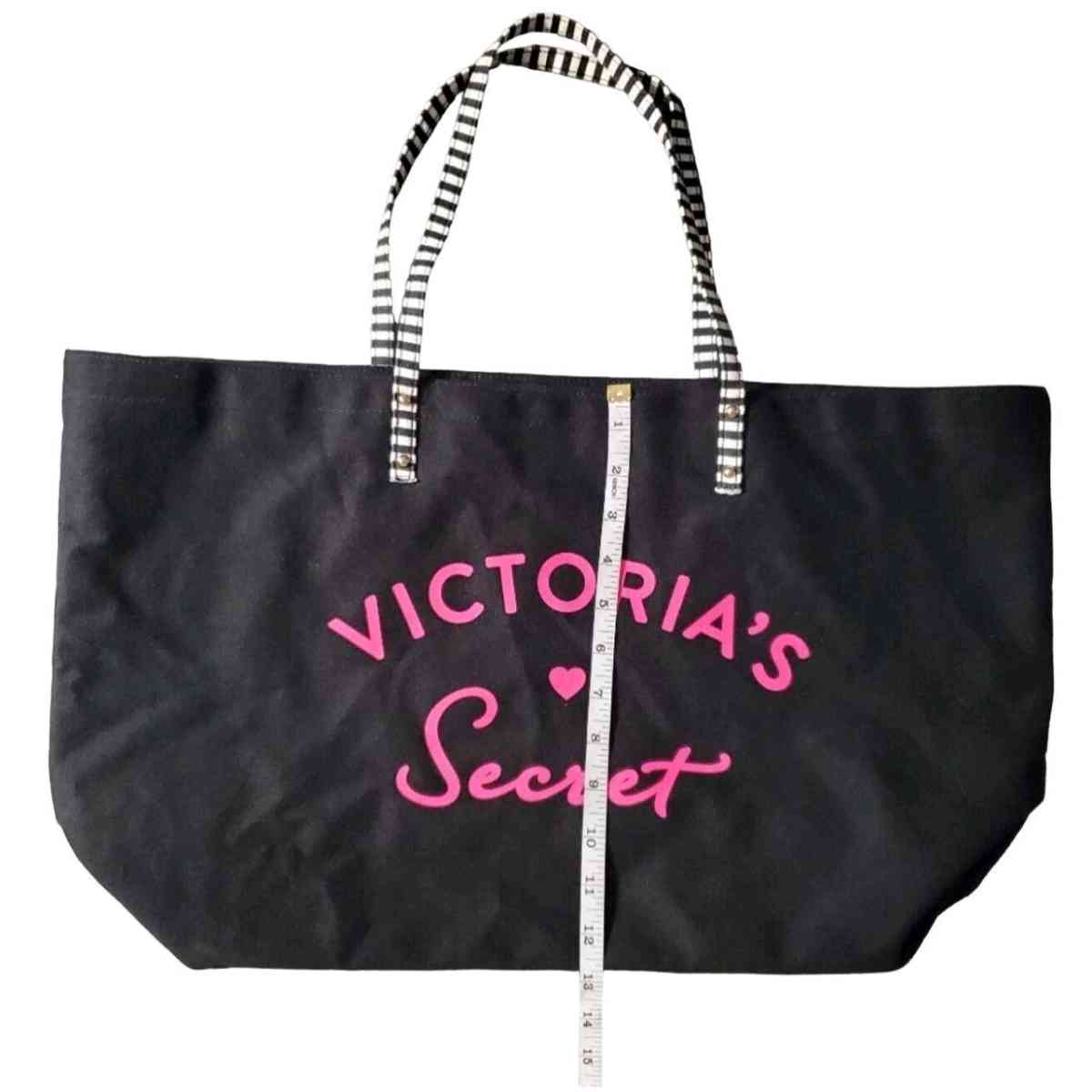 Victorias Secret Black Canvas Tote Bag With Striped Handles - Columbus, Ohio - FleaMarketBay