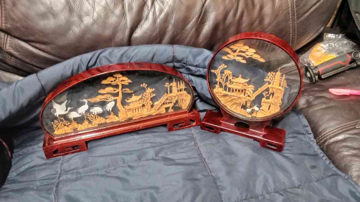 Set of 2 Asian Reverse Glass Art Panels - New Caney, Texas - FleaMarketBay