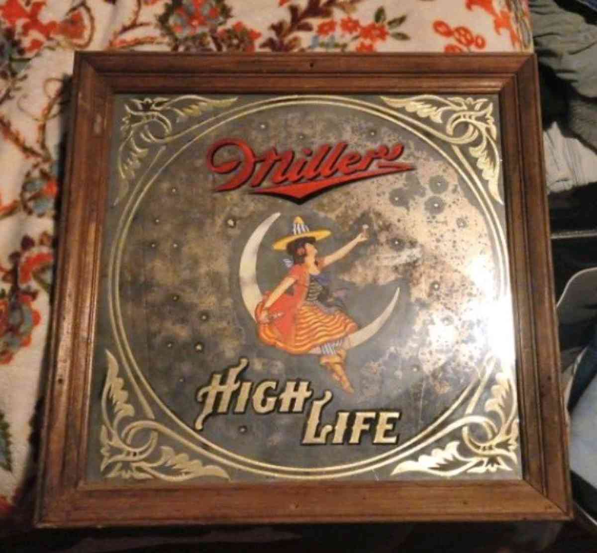 Miller High Life Framed 14 X 14 Mirror Sign Girl On The Moon - Gray, Georgia
