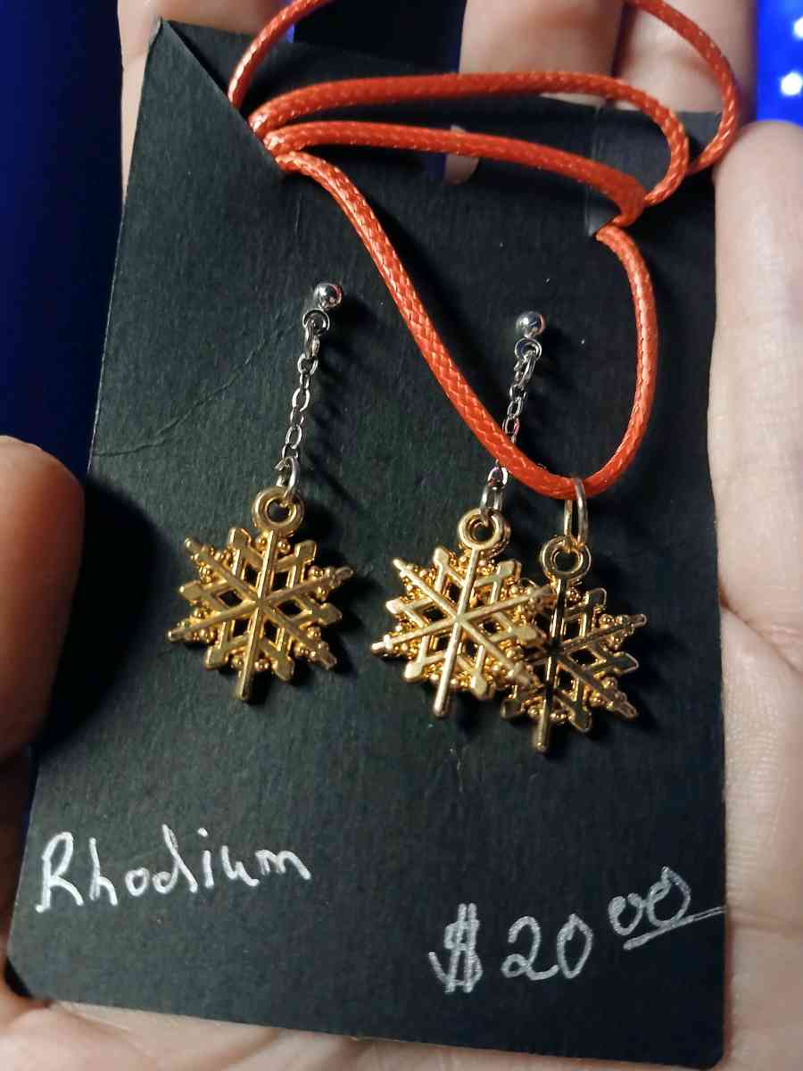 Rhodium Stud Earrings and Necklace with Gold Snowflake Charm - Achilles, Virginia
