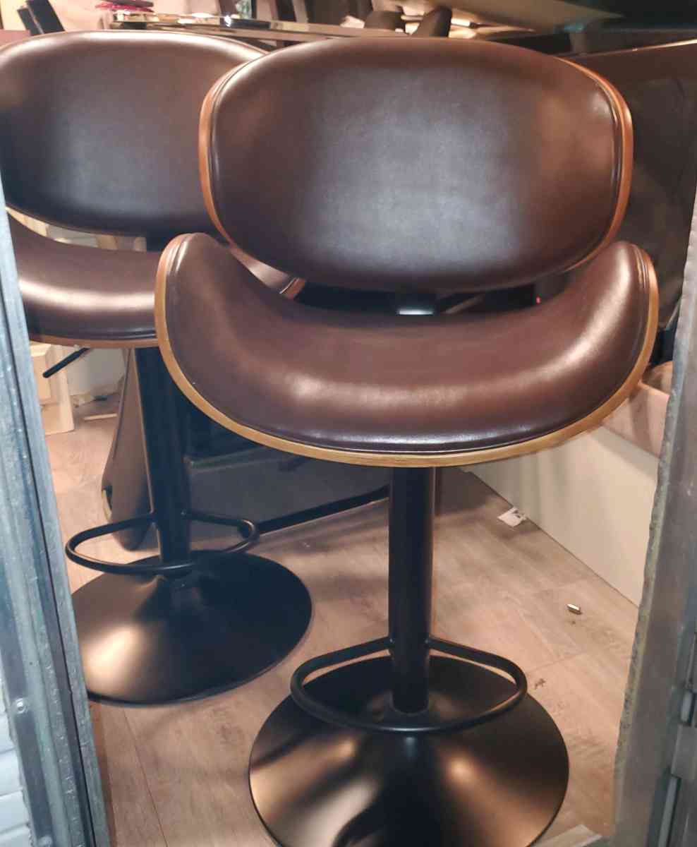 Brown Faux Leather and Wood Bar Stools