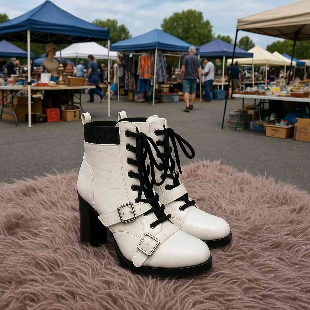 Fashion LaceUp Croc Boots  WhiteBlack Contrast - Coconut Creek, Florida - FleaMarketBay