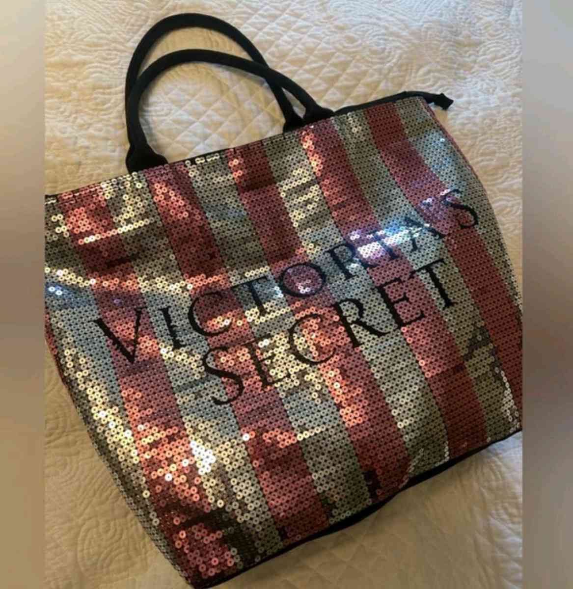 Victorias Secret Sequined Weekender Tote Bag Pink Silver Str