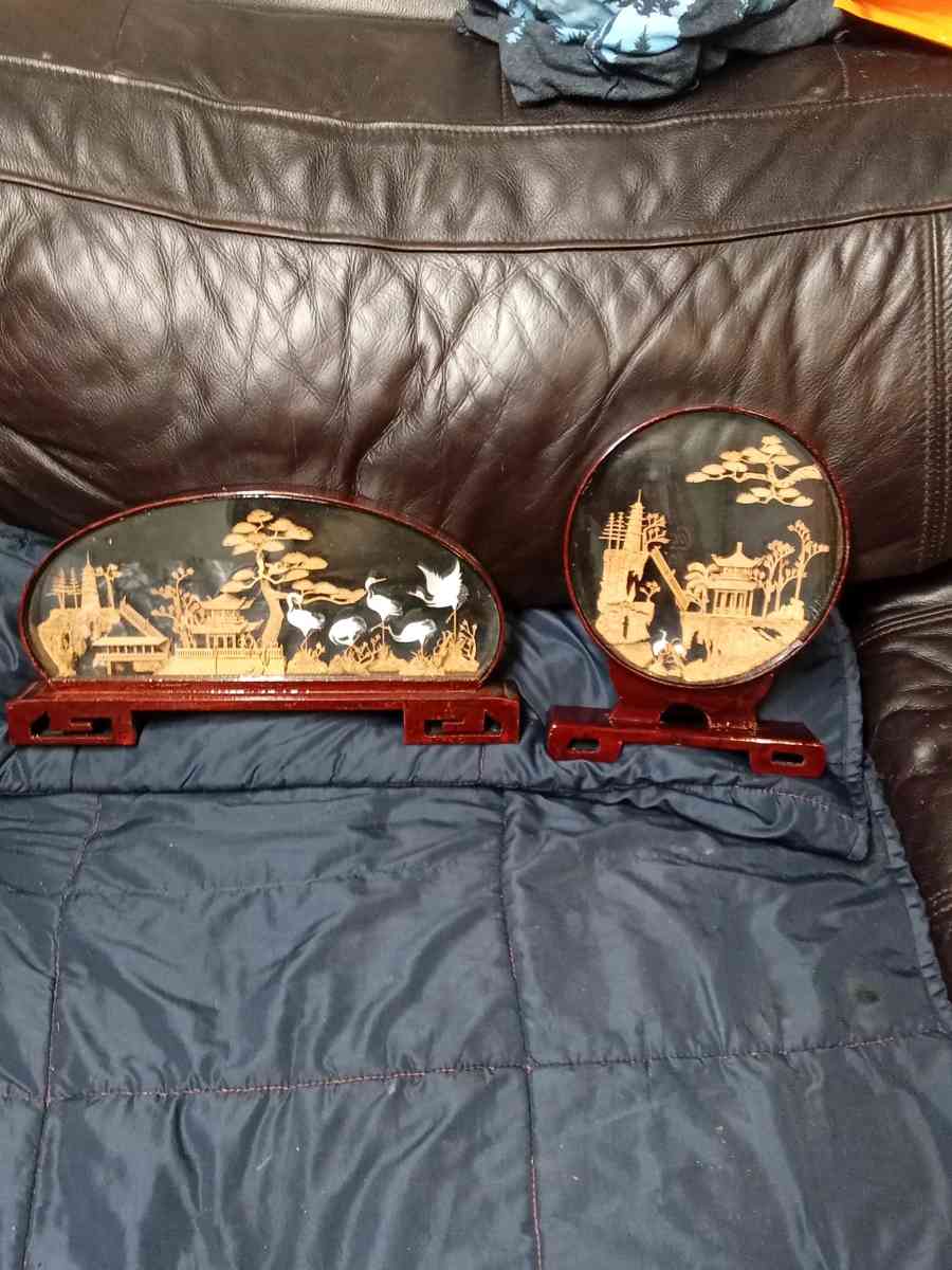 Set of 2 Asian Reverse Glass Art Panels - New Caney, Texas - FleaMarketBay