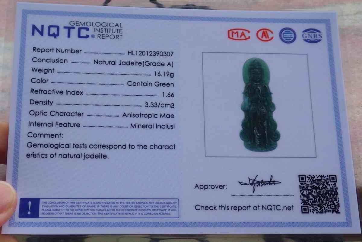 Certificate Jadeite Jade Green Pendant Kwan Yin buddha - Pasadena, California - FleaMarketBay