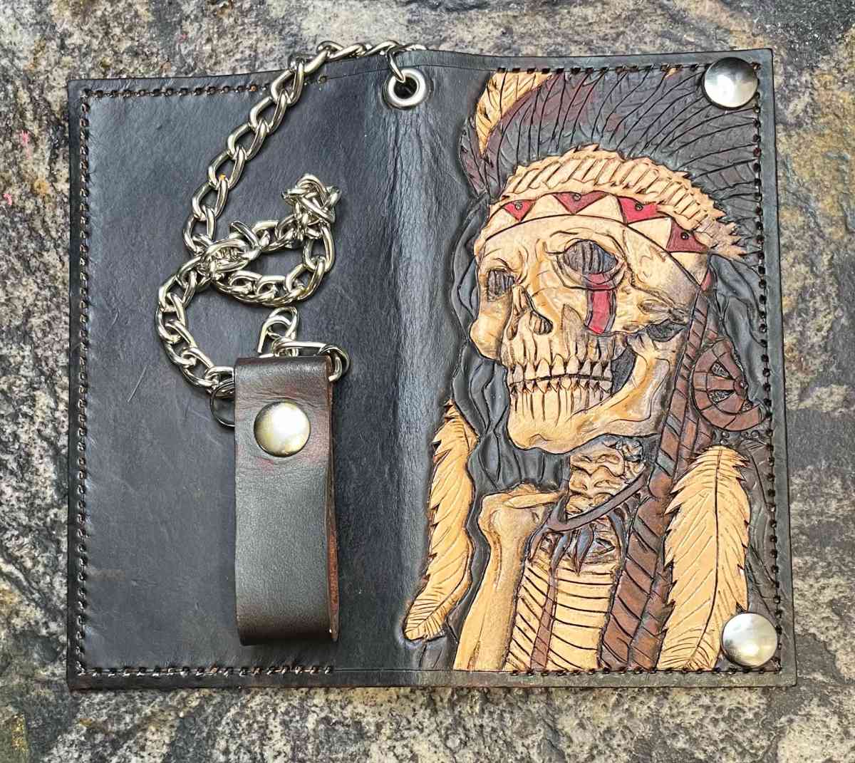 tooled leather Native American Chief bifold wallet - Pineville, Louisiana