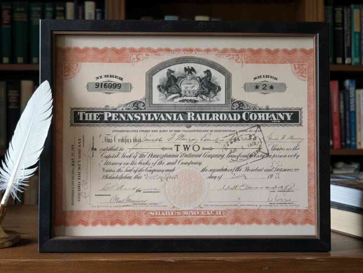 Framed Vintage Pennsylvania Railroad Company Stock Certifica - Grand Rapids, Ohio