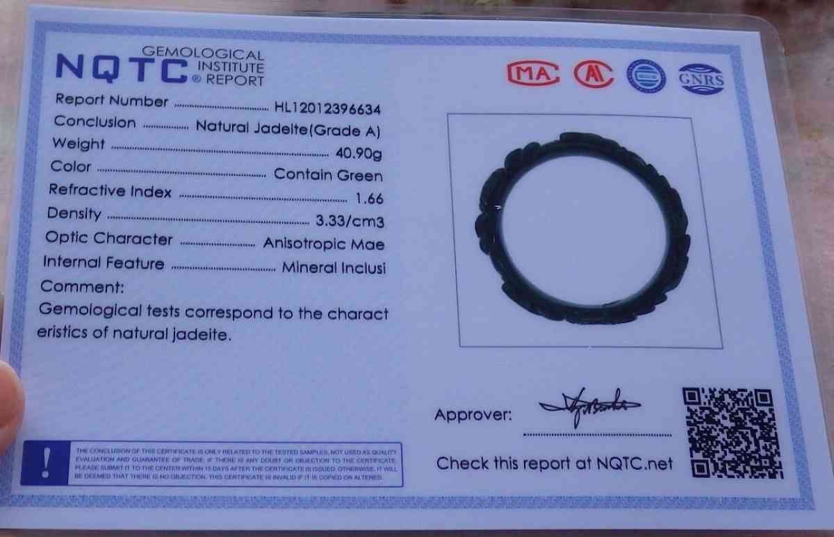 Certificate Jadeite jade Burma  Dark Green Black Flower - Pasadena, California - FleaMarketBay