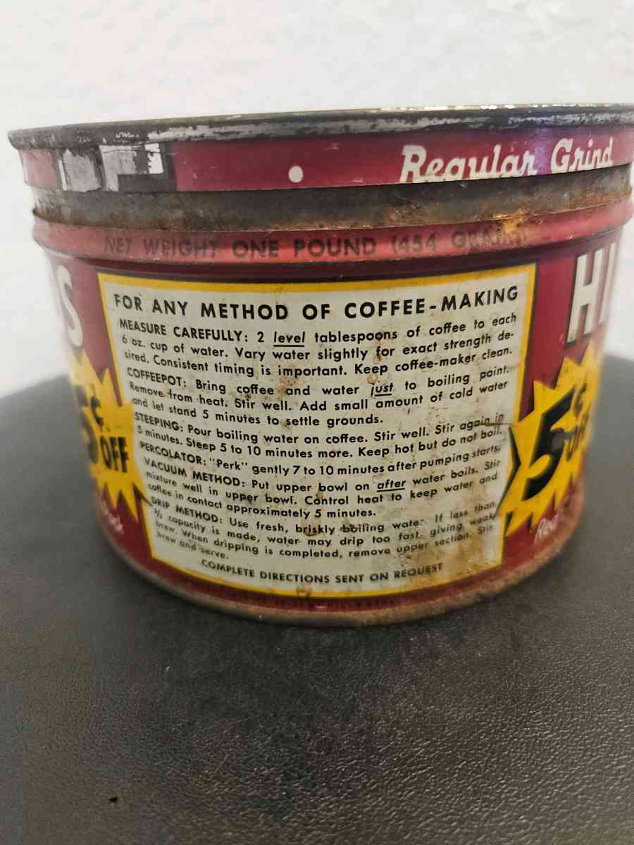 Vintage Hills Bros Tin Coffee Can - Tulsa, Oklahoma - FleaMarketBay