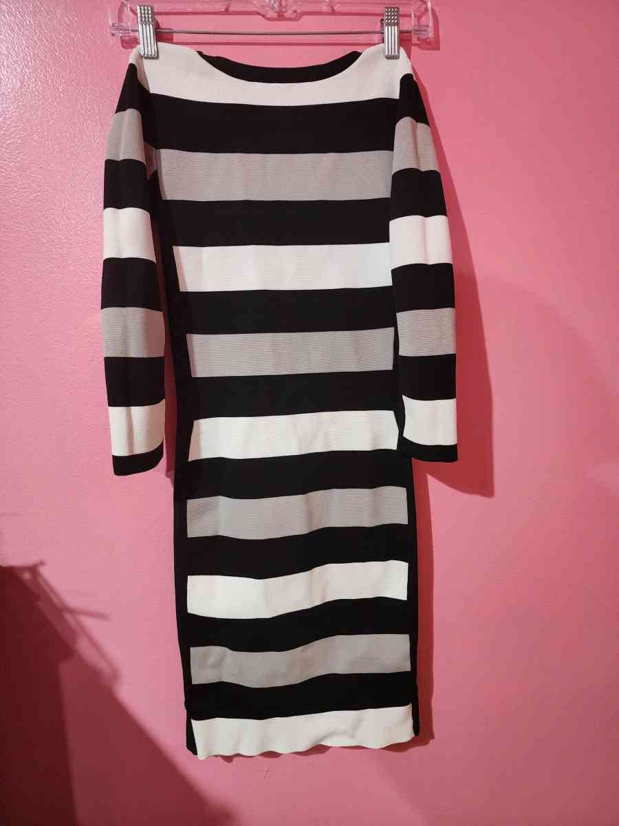 Womens Black  White Striped Bodycon Dress  Long Sleeve - Atlantic Beach, Florida - FleaMarketBay