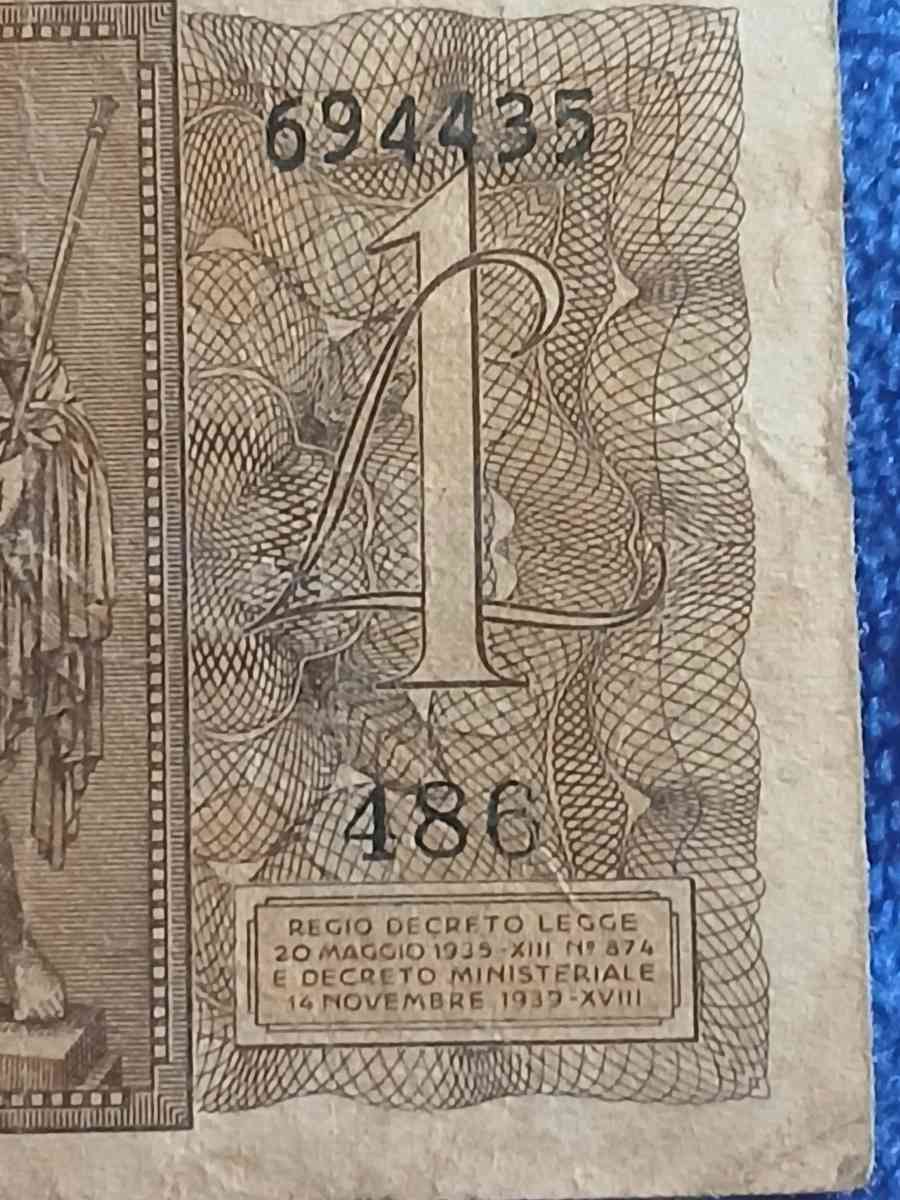 1939 Italian 1 Lira banknote - Bakersfield, California - FleaMarketBay