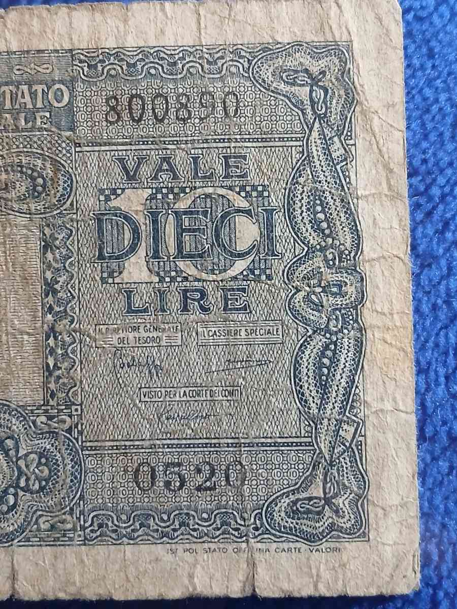 1944 10 Lire banknote from Italy - Bakersfield, California - FleaMarketBay