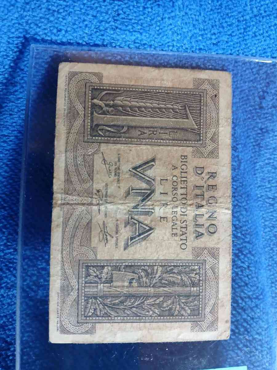 1939 Italian 1 Lira banknote - Bakersfield, California