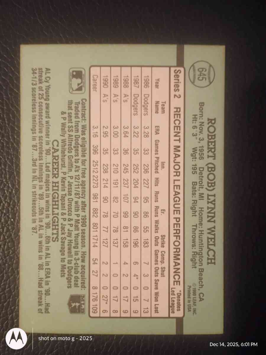 Bob Welch Baseball Card - Saint Landry, Louisiana - FleaMarketBay