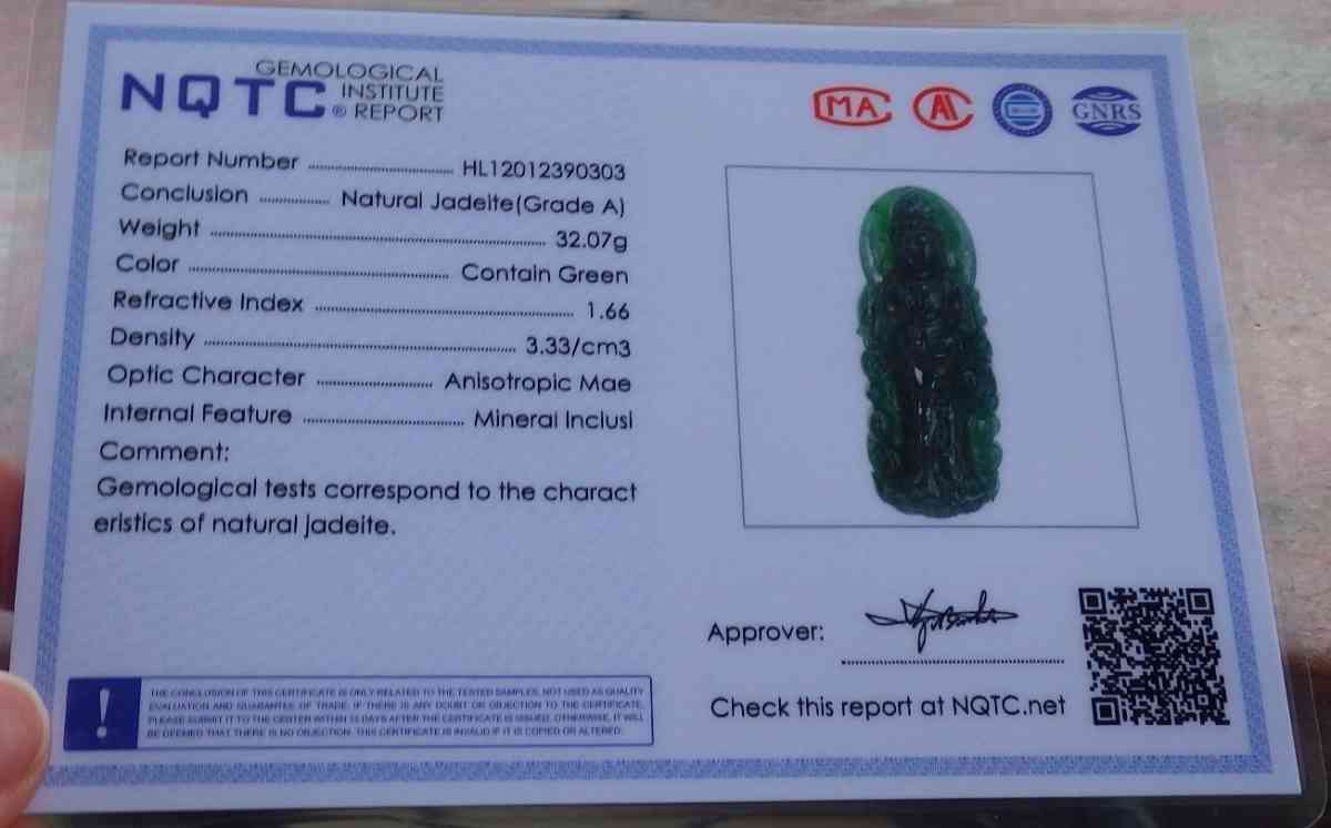 Certificate Jadeite Jade Black Green pendant Kwan Yin - Pasadena, California - FleaMarketBay