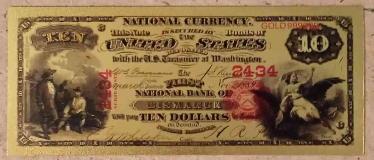 24 Karat Gold 1889 USA Ten Dollar Bill - Grand Rapids, Ohio