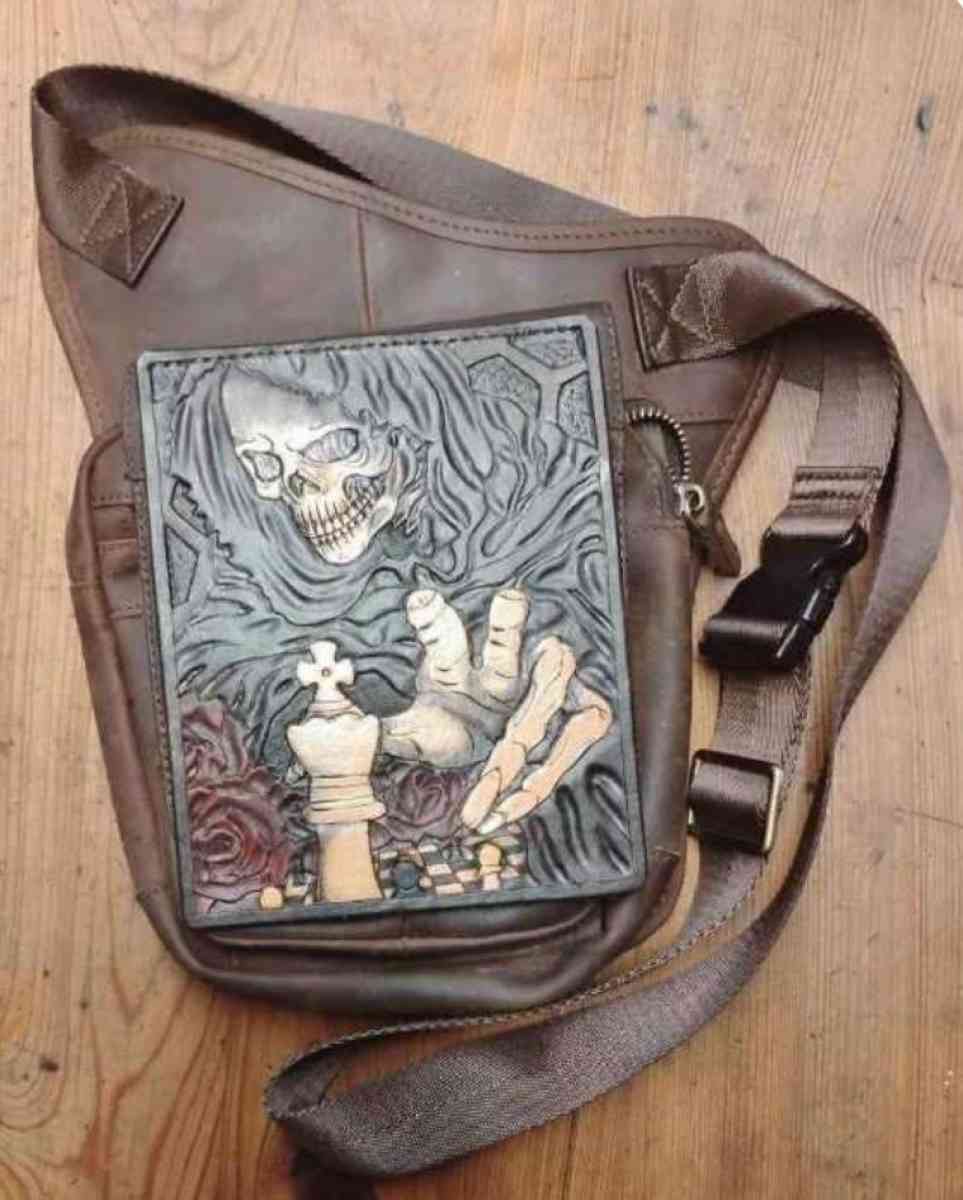 tooled leather grim reaper on a motorcycle hip bag - Pineville, Louisiana