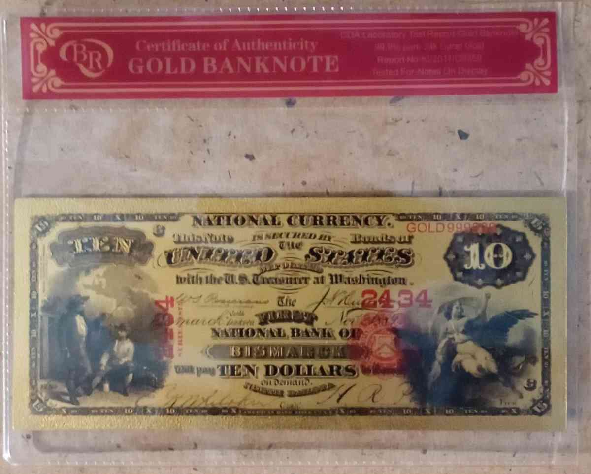 24 Karat Gold 1889 USA Ten Dollar Bill - Grand Rapids, Ohio - FleaMarketBay
