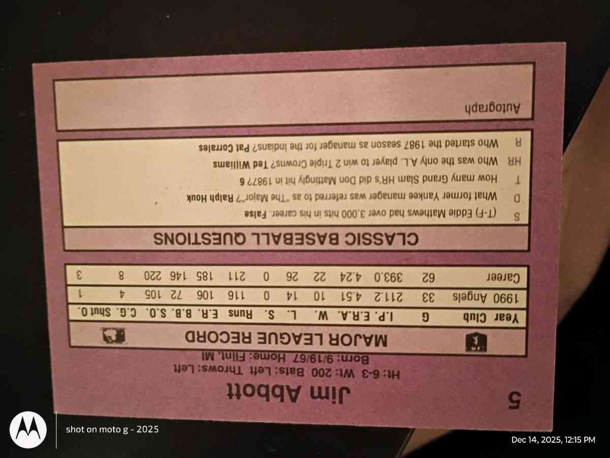 Jim Abbott Baseball Card - Saint Landry, Louisiana - FleaMarketBay