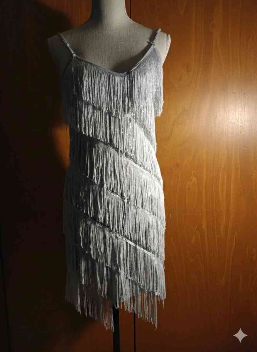Glam Womens Fringe Party Dress Size Small Silver Sequin Spar