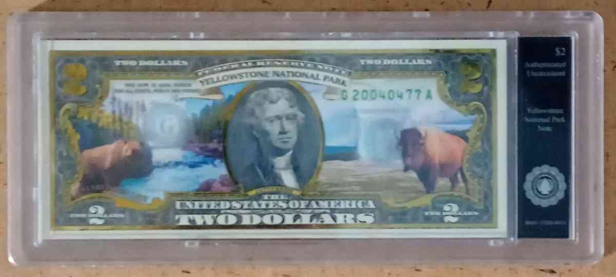 Colored yellow stone national park two dollar bill - Grand Rapids, Ohio