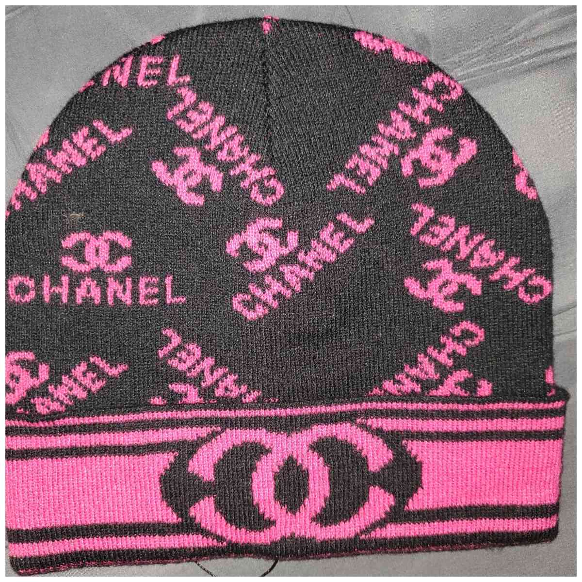 Chanel Black and Pink Logo Beanie