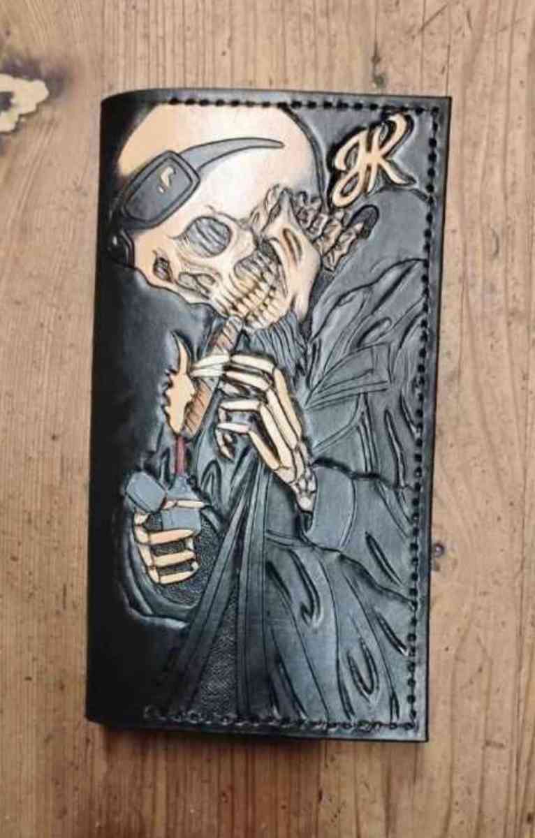 New tooled leather skeleton biker smoking a cigar bifold wal - Pineville, Louisiana