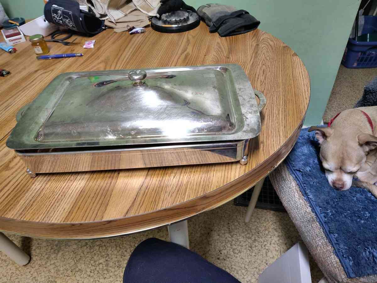Vintage silver plated Pyrex casserole dish