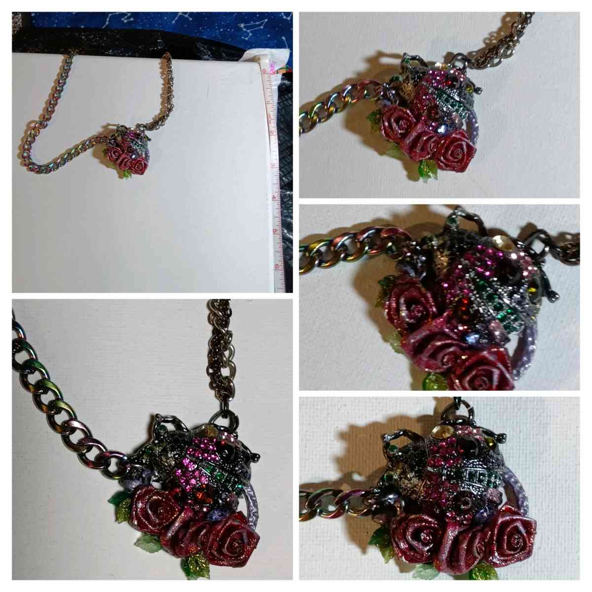 a bejeweled ladybug and roses on a black metal chain - Lufkin, Texas