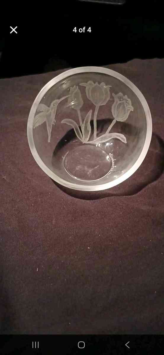 teleflora glass bowl with frosted etched tulips signed - Addy, Washington - FleaMarketBay
