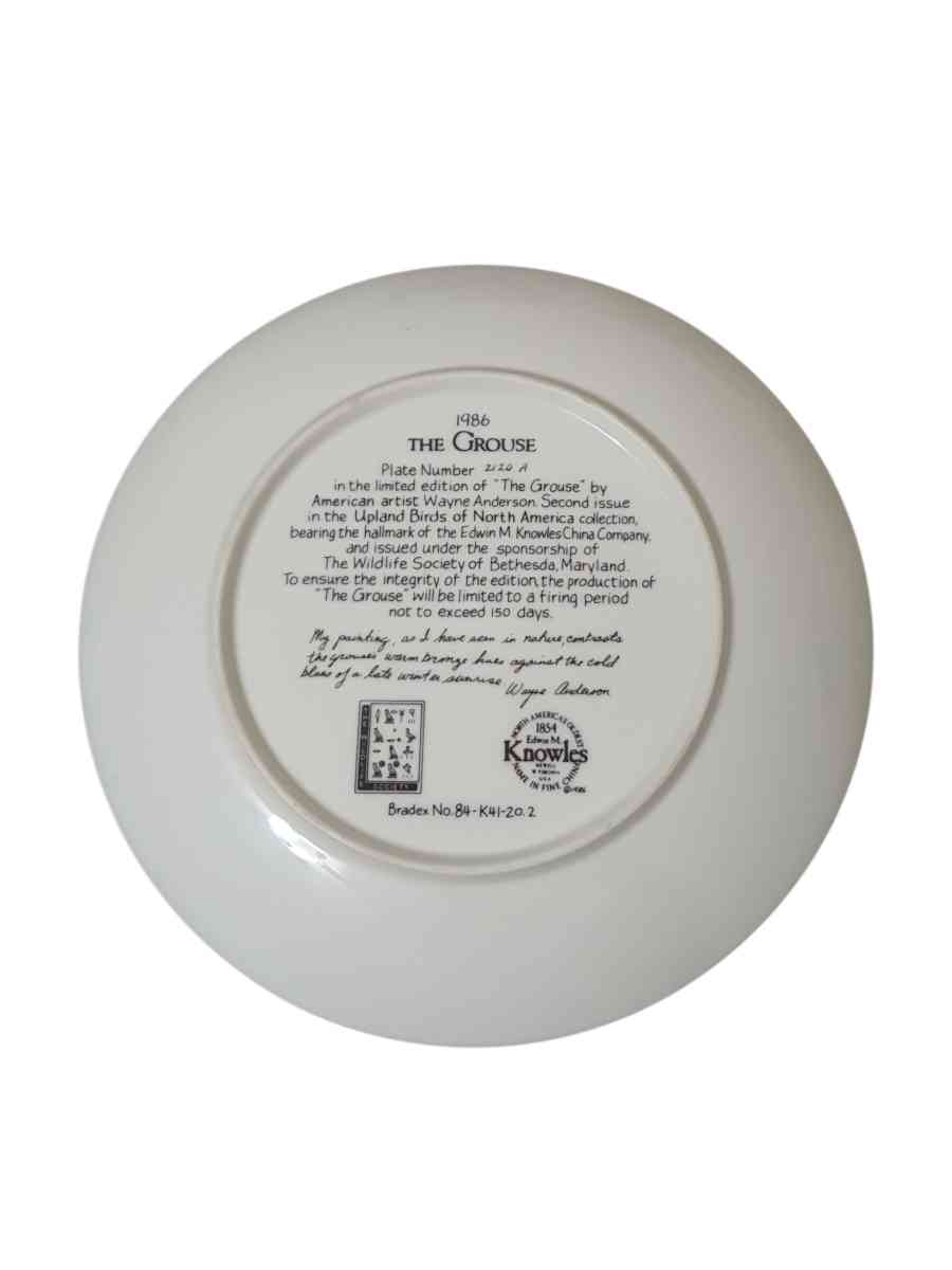 Bradford Exchange Collectors Plate  The Grouse 1986 - Toms River, New Jersey - FleaMarketBay