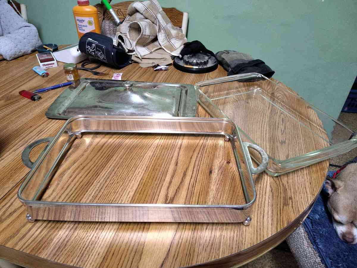 Vintage silver plated Pyrex casserole dish - Saint Joseph, Missouri - FleaMarketBay