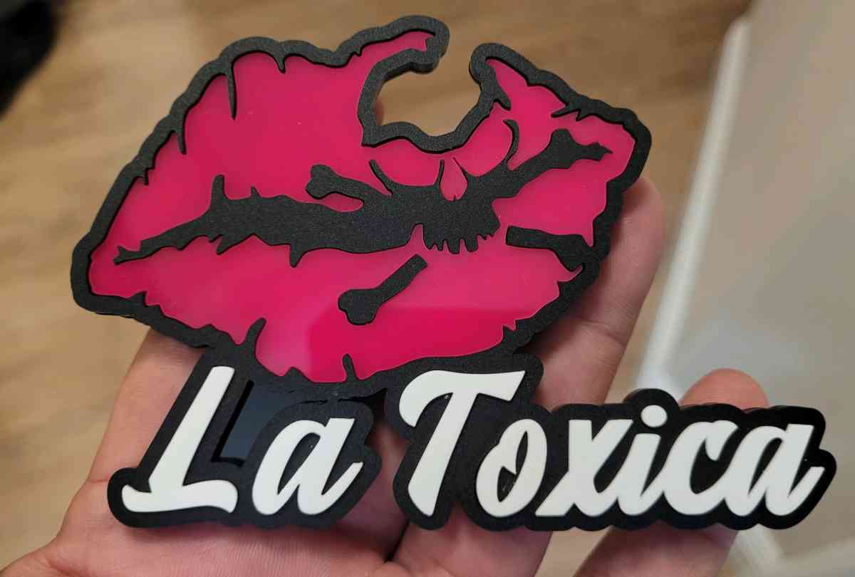 Hispanic Car Badge Pink Skull Lips Emblem Acrylic LaToxica - San Diego, California