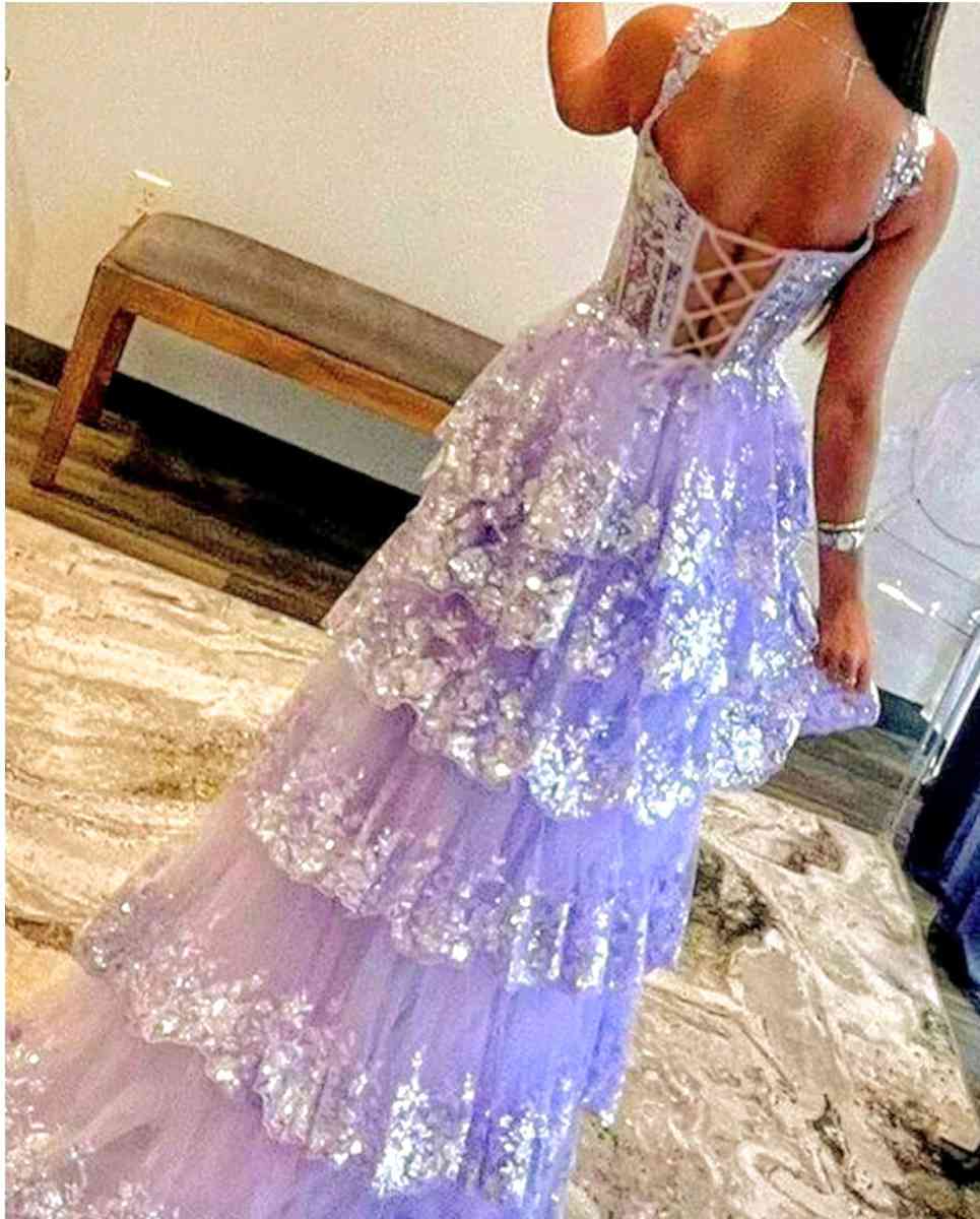 LONG LACE PROM DRESS WITH SLIT OFF THE SHOULDER LILAC COLOR - Jasper, Tennessee - FleaMarketBay